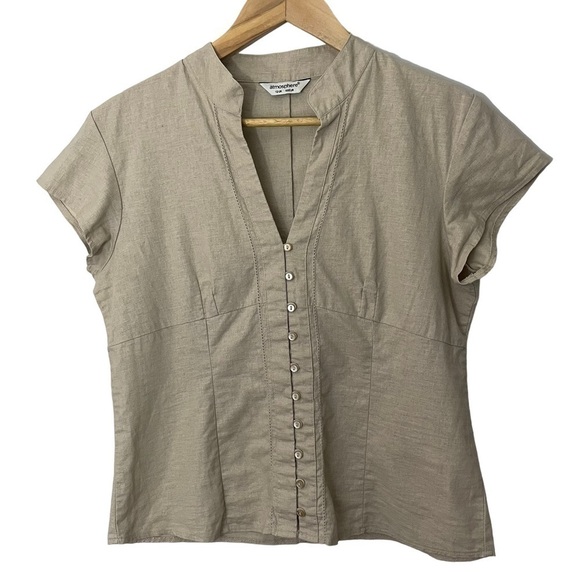 Atmosphere Button Front Crop Shirt Sz 12 Beige Linen Cotton Cap Sleeve Top - Picture 1 of 10